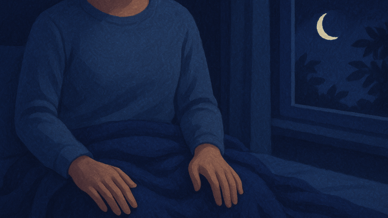 Illustration of a person sitting calmly in bed at night, hands resting on a soft blue blanket under gentle moonlight, symbolizing grounding and nervous system regulation for racing thoughts.