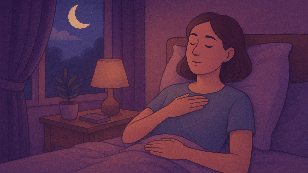 A person lies in bed at night with one hand on their chest and the other on their belly, practicing a calming technique while warm lamp light and deep blue moonlight create a peaceful, quiet evening atmosphere.