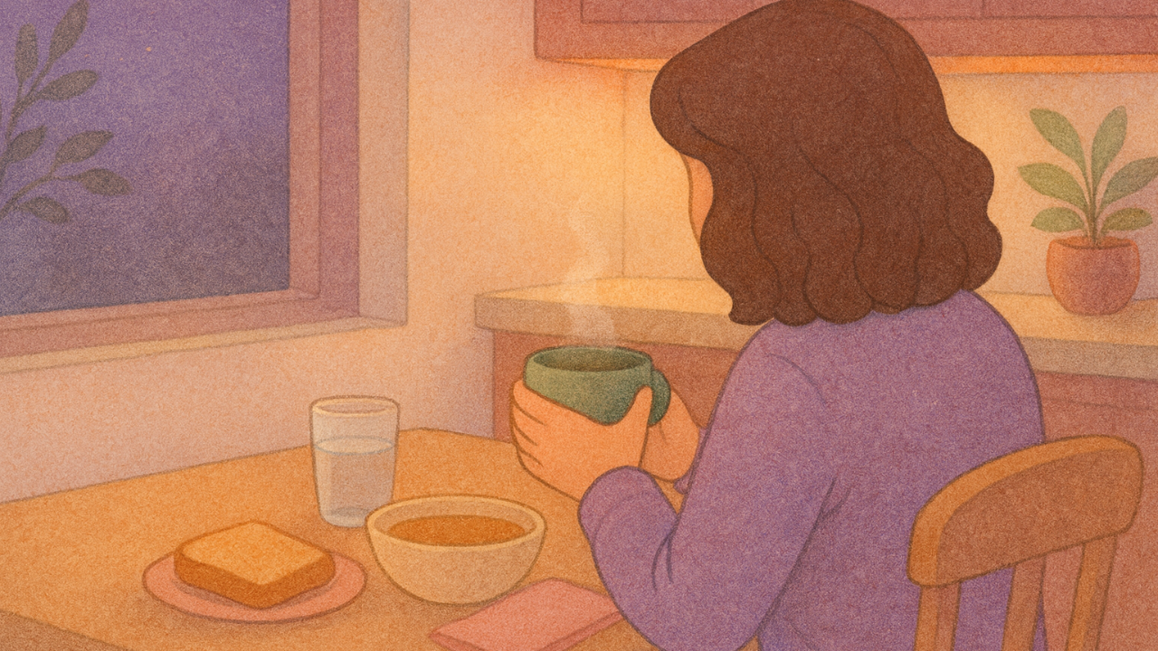 Person sitting at a cozy kitchen table, gently holding a warm mug beside a bowl of soup and toast, in soft pastel evening light.