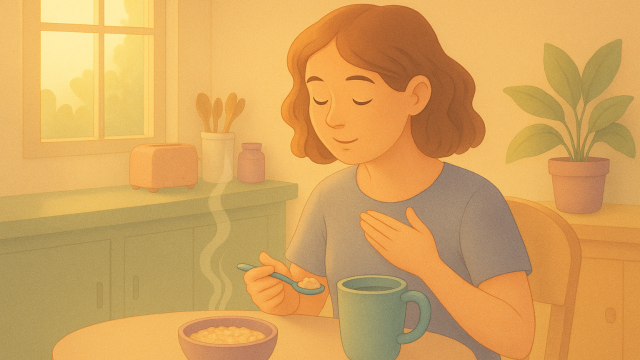 A soft, warm illustration of a woman sitting at a small kitchen table in gentle morning light, holding a spoonful of oatmeal and resting her other hand on her chest. A mug and a steaming bowl sit in front of her. Behind her, a pastel green counter holds a pink toaster, jars, and wooden utensils, with a potted plant on the right and sunlight glowing through the window on the left.