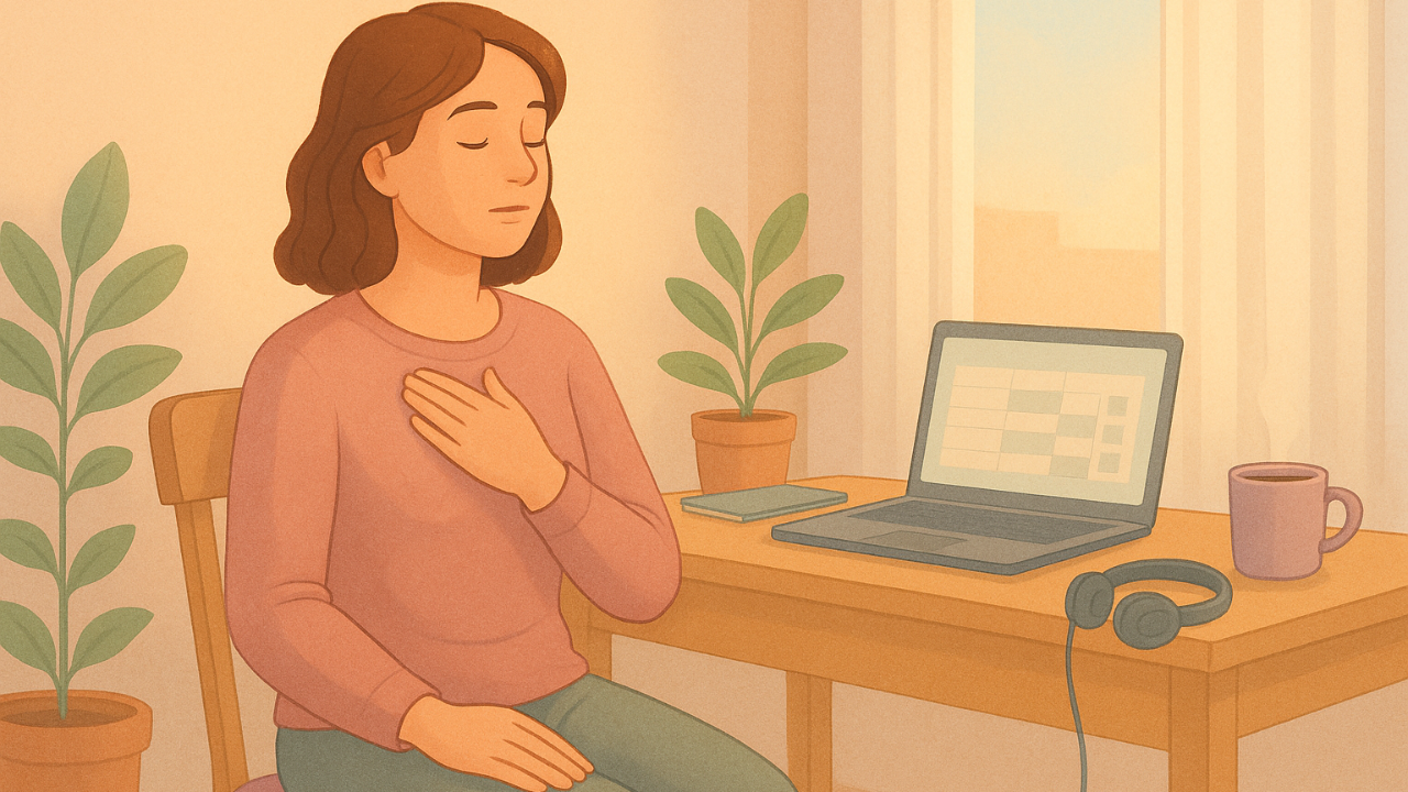 Person in a calm home office taking a brief somatic reset between back to back meetings, one hand on their chest, an open laptop with a calendar showing stacked meetings on the screen.