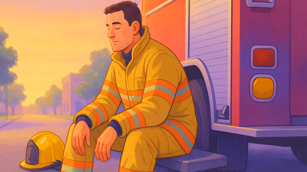 Firefighter sitting quietly after a call, breathing deeply to calm his nervous system.
