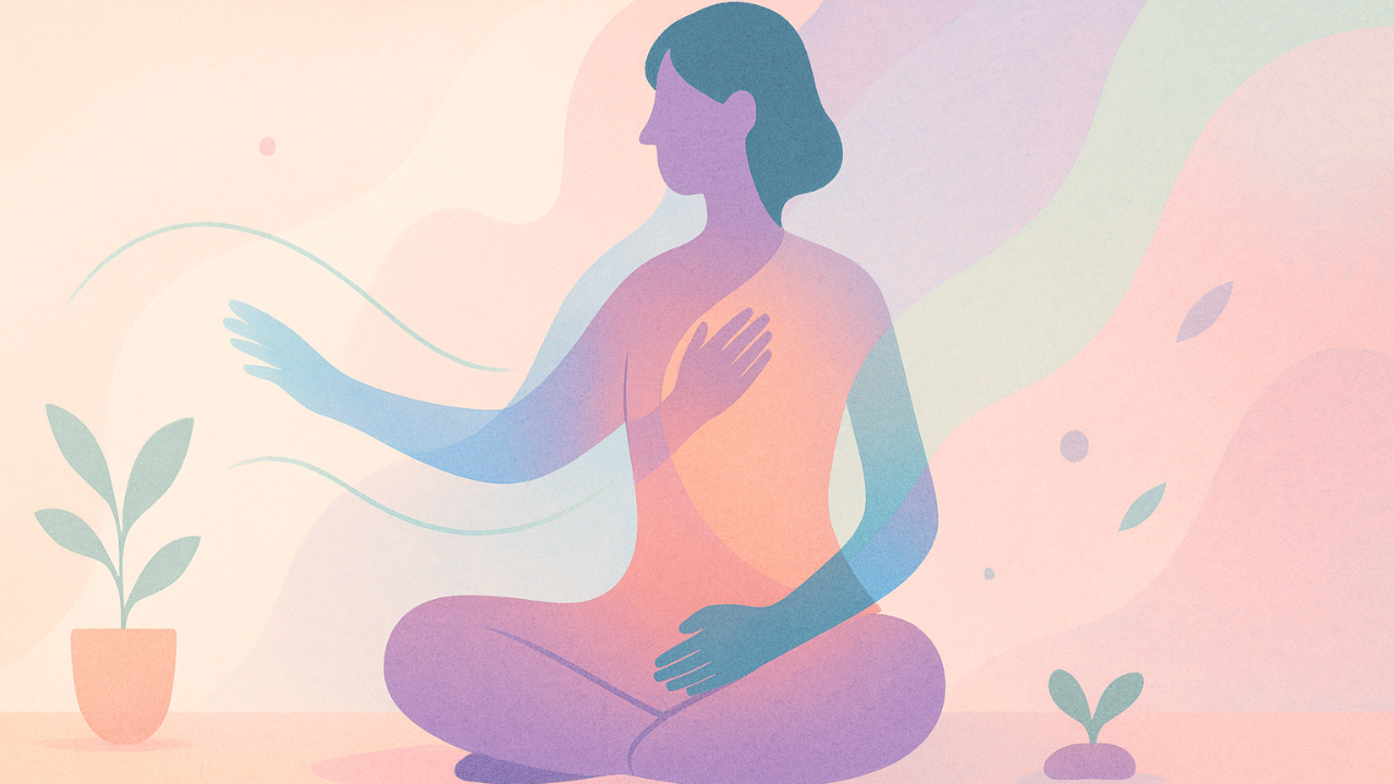 Illustrated figure with overlapping silhouettes showing the gentle cycle of titration, touching into the body and back out toward the environment, in a soft, pastel room.