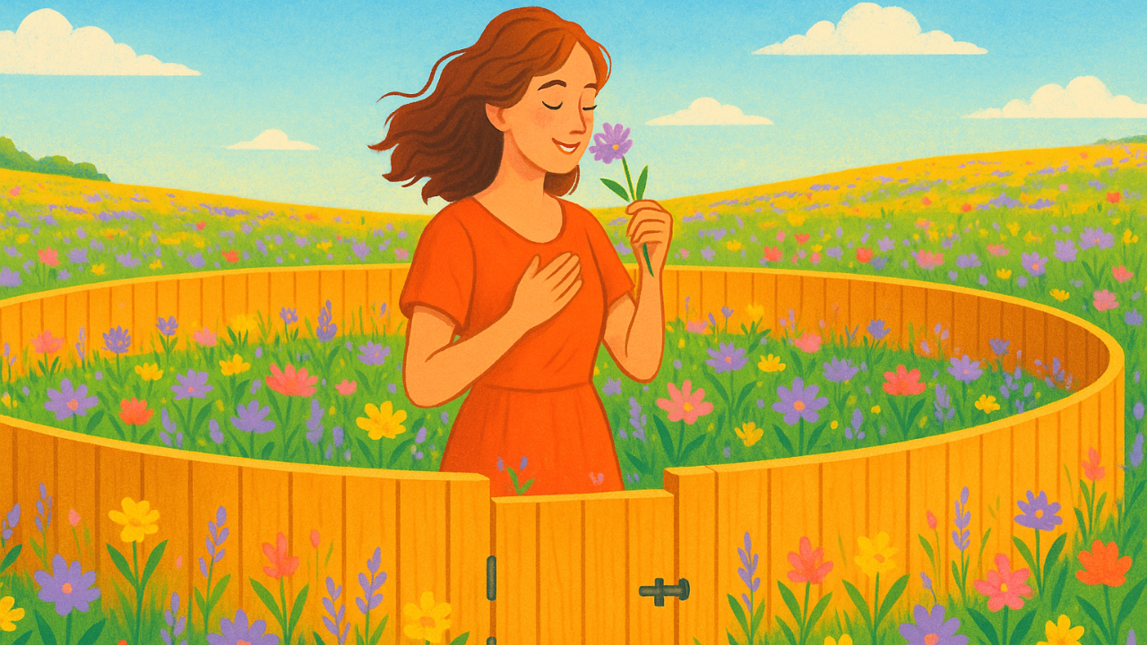 Illustrated woman standing in a circle of wildflowers surrounded by a low wooden fence, symbolizing gentle boundaries that protect peace while staying connected to the world.