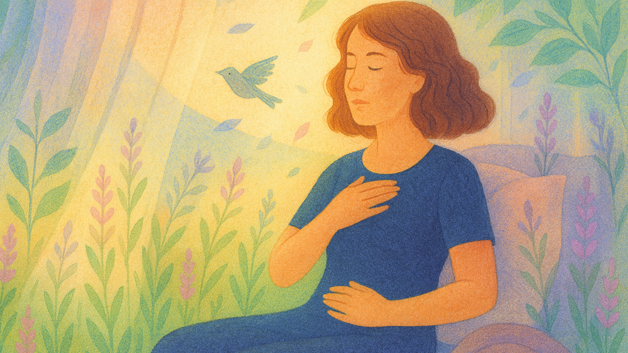 Illustrated woman resting peacefully as nature and soft morning light blend around her, symbolizing calm and renewal during perimenopause.