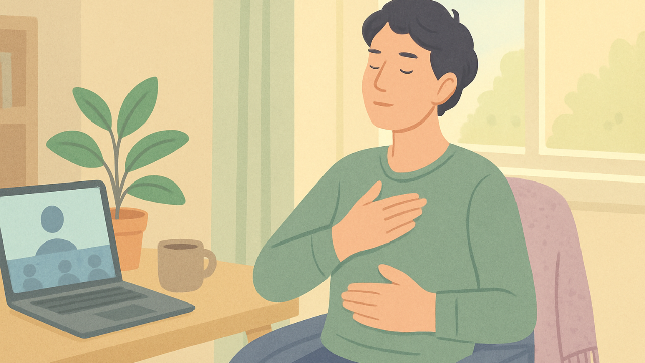 Illustrated person sits back from their laptop after a meeting, one hand on their chest and one on their ribs, taking a slow grounding breath to settle their nervous system.