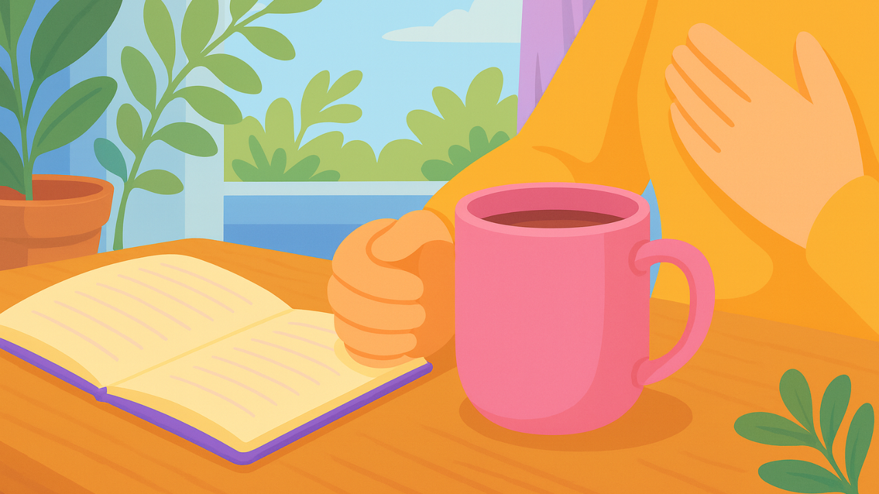 Illustrated hands holding a pink mug beside an open notebook, soft sunlight through a window with green plants, symbolizing sensory grounding and calm focus.