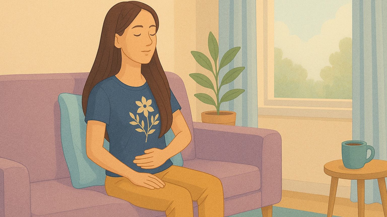 A young woman sitting upright on a lavender couch in a softly lit living room, one hand resting on her chest and the other on her lap as she practices a gentle posture and vagus-nerve reset, supported by a cushion behind her back, with a teal mug on a small side table and a leafy plant by the window.