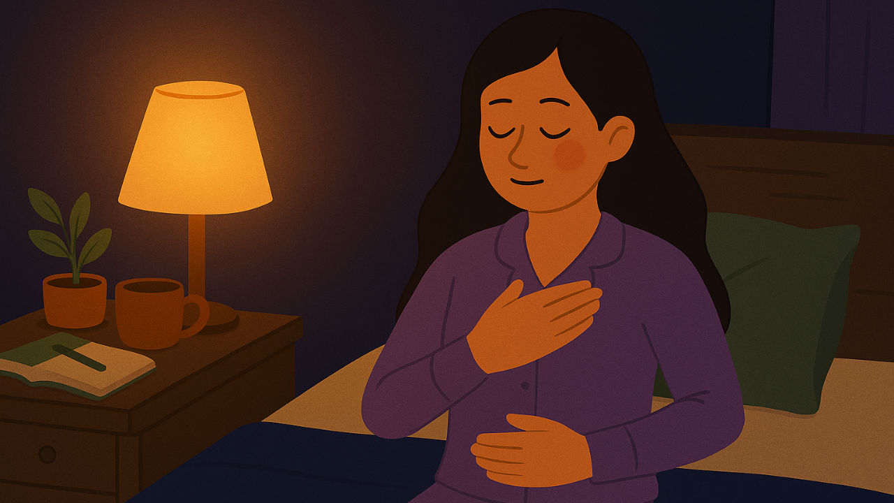 A mother takes a slow breath at bedtime, hand on her heart, creating calm before sleep.