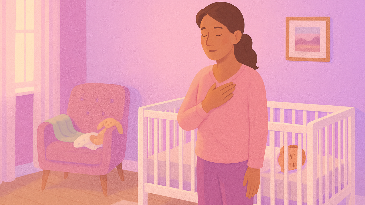 A mother stands beside a crib in a softly lit nursery, one hand resting on her chest as she takes a calming breath, while her baby sleeps peacefully inside the crib.