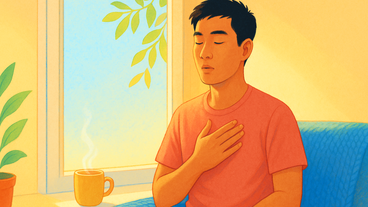 Illustrated man hums softly by a window, calming her body and releasing adrenaline through breath and stillness.