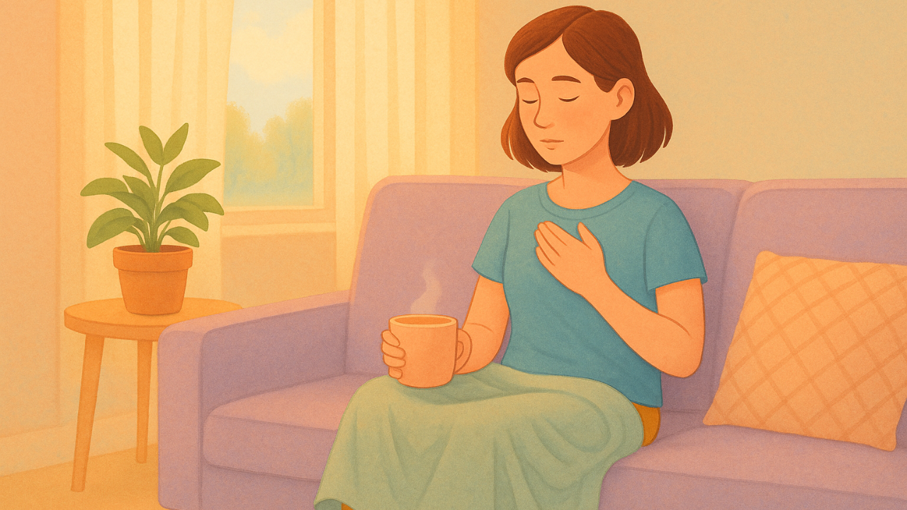 Illustrated person holding a warm mug and gently reconnecting with body sensations in a soft, sunlit living room.