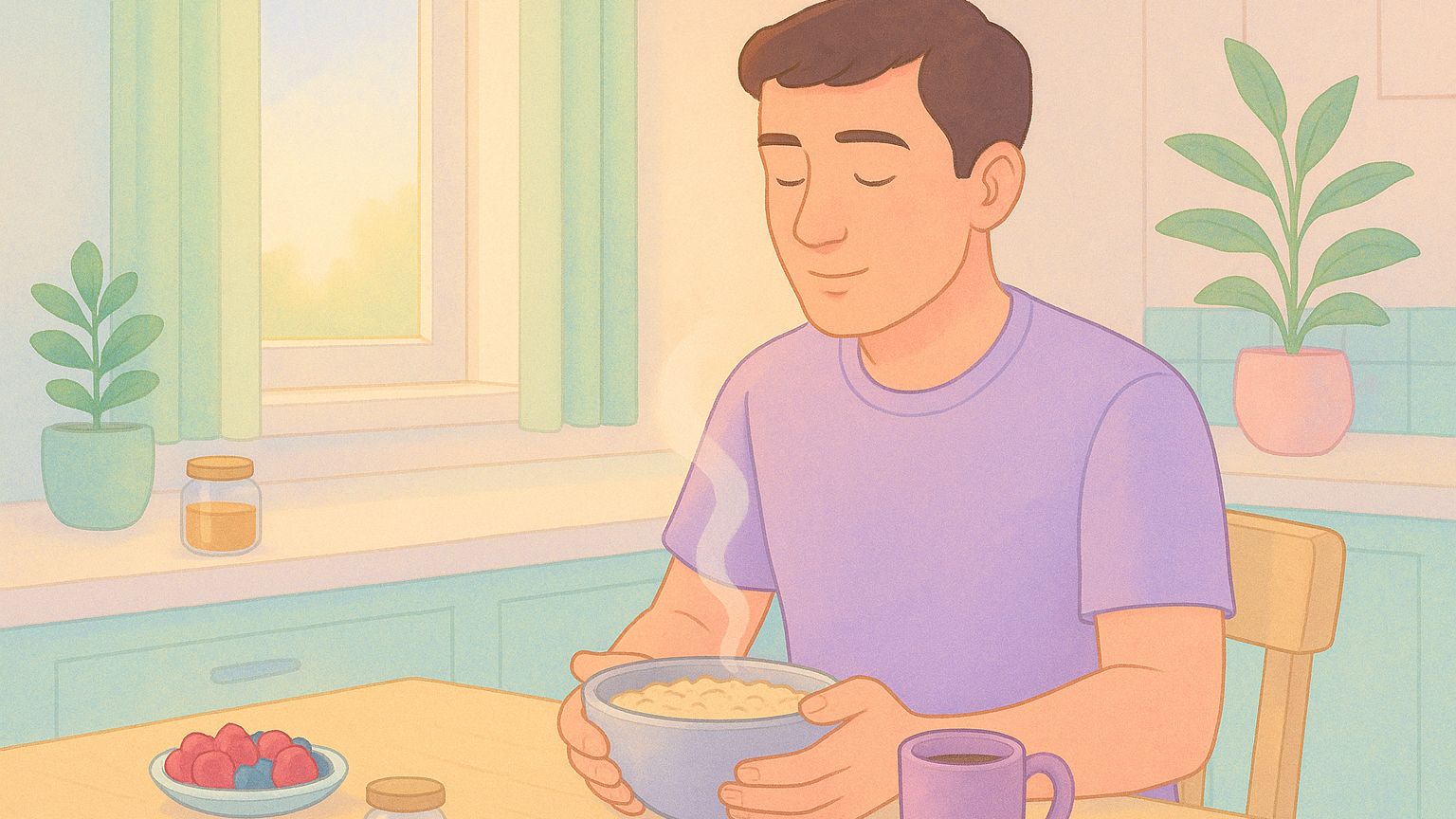 A man sits at a sunlit kitchen table in soft pastel colors, gently holding a warm bowl of oatmeal with both hands. A mug, berries, and small jars rest nearby, while morning light filters through a window and a plant sits on the counter behind him, creating a calm, steady atmosphere.