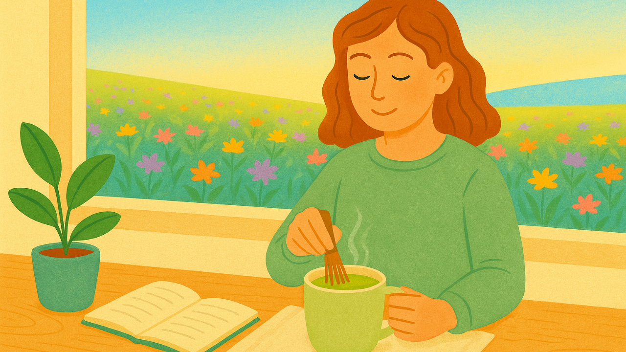 An illustrated woman in a sage green sweater whisking a warm matcha latte at a wooden table, with sunlight streaming through a window that overlooks a bright field of green grass and colorful wildflowers beneath a soft blue sky.