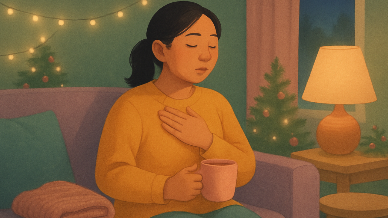 A woman pausing on a couch in a softly lit holiday living room, hand over chest in a self-holding gesture, taking a quiet nervous system check-in.