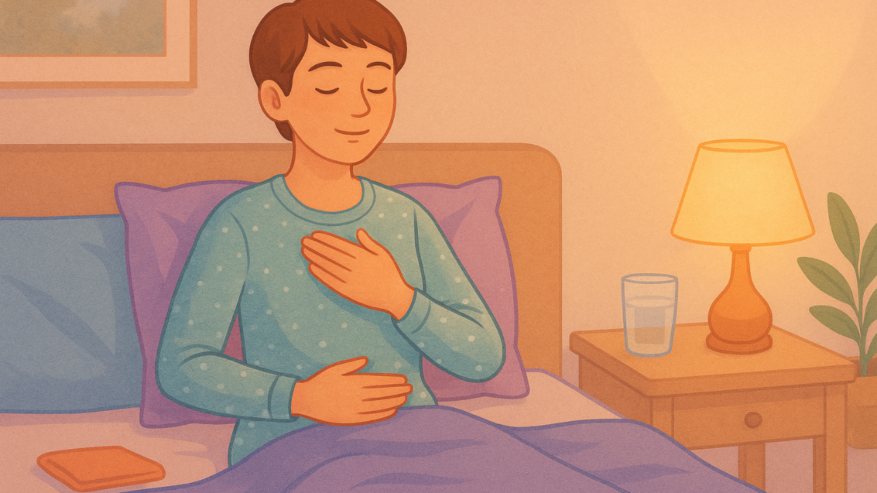Adult sitting up in bed with one hand on their chest and one on their belly, practicing a gentle vagus nerve routine in soft evening light.