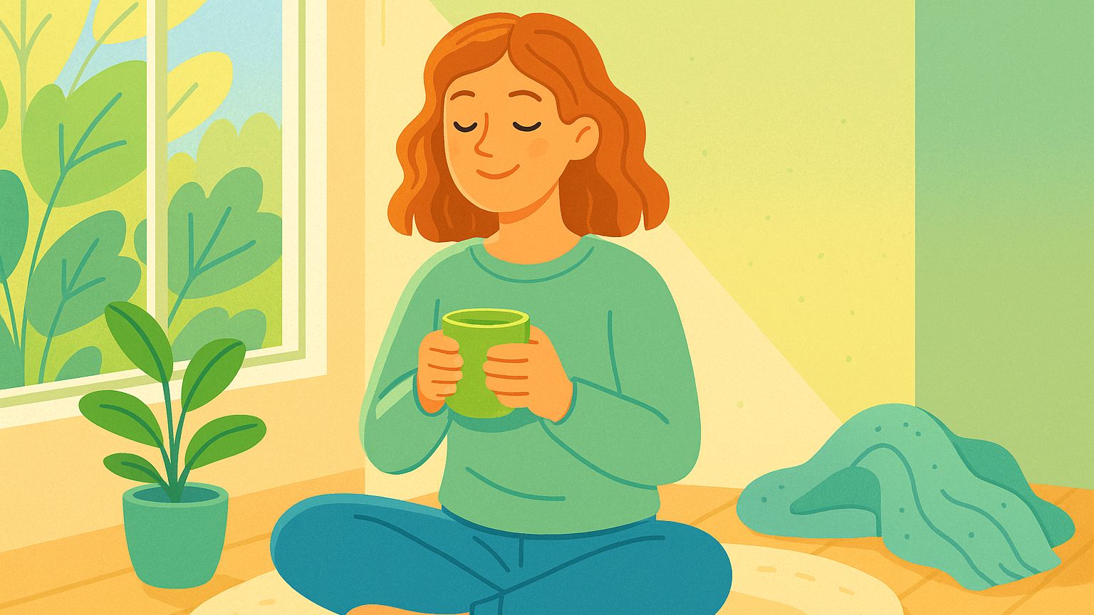 A woman sitting near a window holding a mug and breathing calmly to widen her window of tolerance.