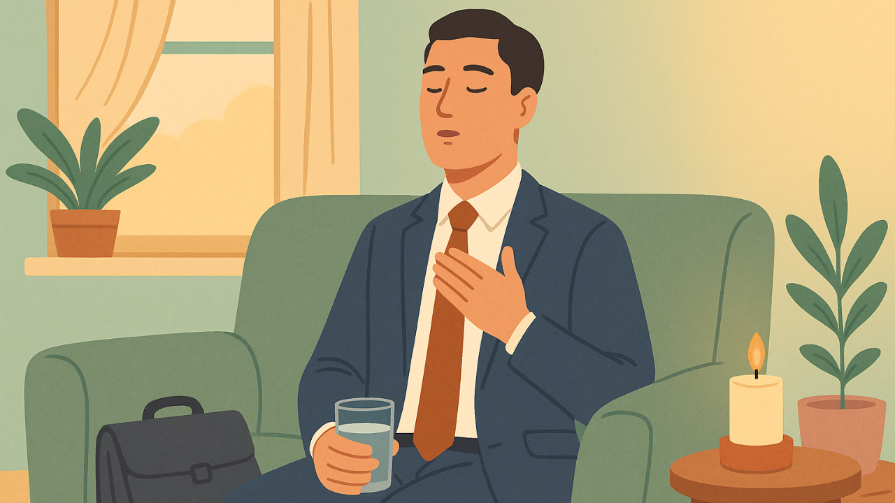 Illustrated person in business clothes sitting on a couch at home after work, holding a glass of water and exhaling slowly beside a lit candle, signaling the body it’s safe to rest.