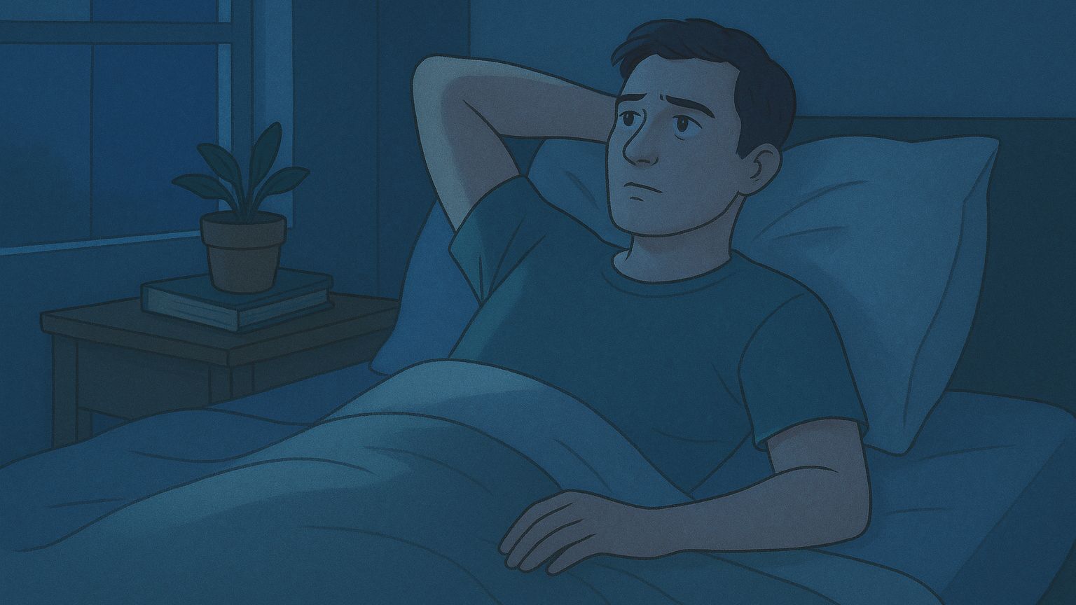 Illustration of a man lying awake at night in bed, lit by soft moonlight. One hand rests behind his head and the other on the blanket, as he stares upward with a tired, thoughtful expression. A window, nightstand, books, and a small plant are visible in the gently lit room.