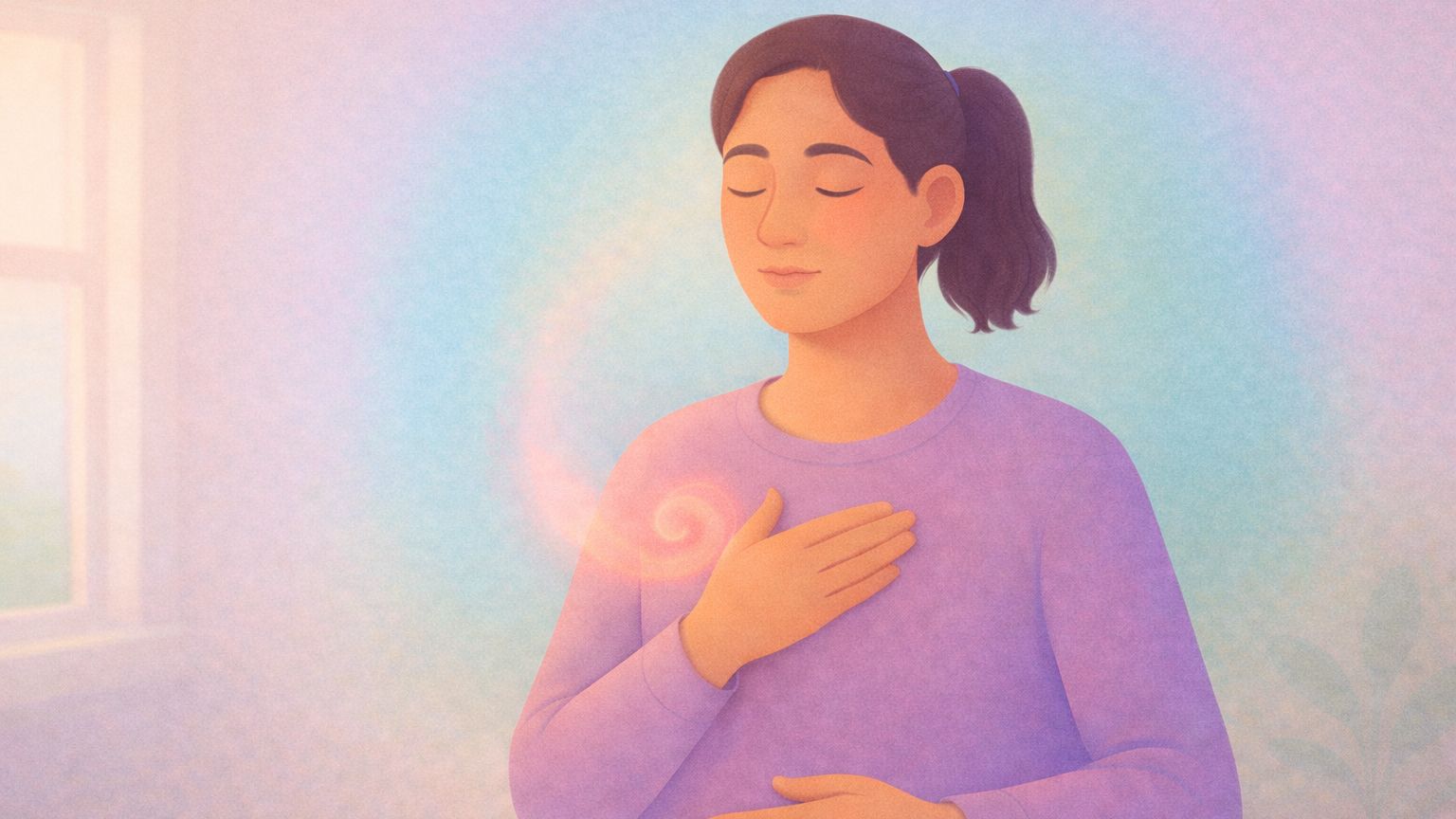 A calm person with one hand on their chest and one on their belly, with a soft pink swirl near the chest fading into a blue-green calming halo behind them.