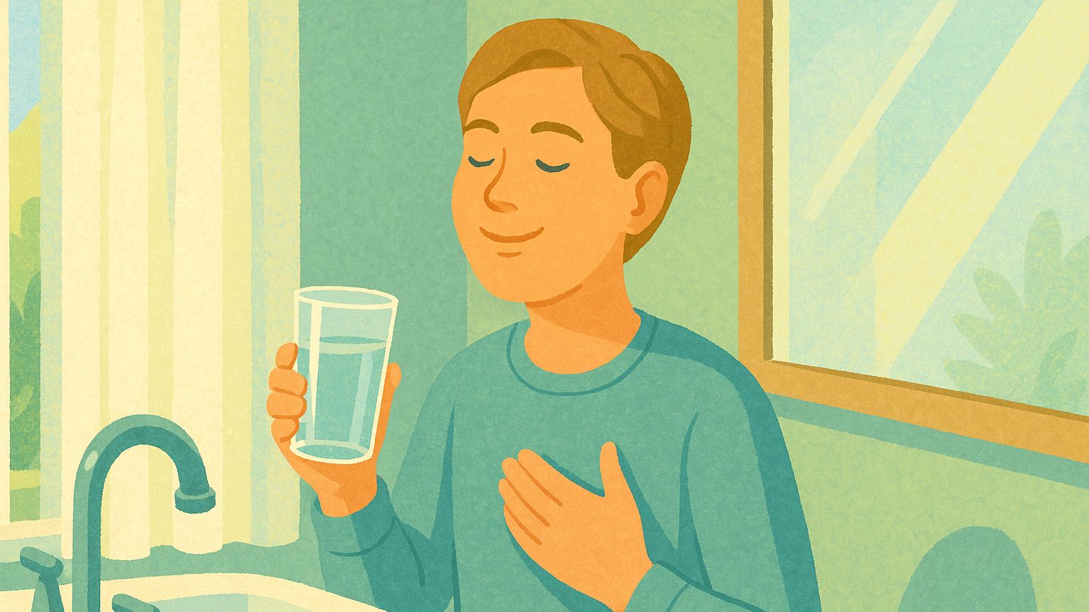 Illustrated man standing calmly by a bathroom sink, eyes closed with a gentle smile, one hand on his chest and the other holding a glass of water, bathed in warm sunlight through a nearby window, symbolizing calm and vagus nerve activation through humming.