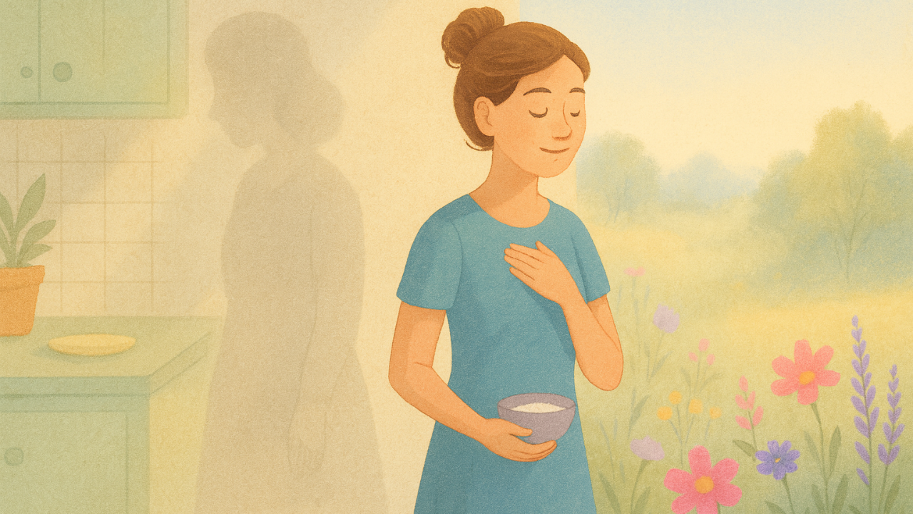 A person pauses with a hand on their belly, standing between a kitchen and soft meadow light, symbolizing reconnection with their body.