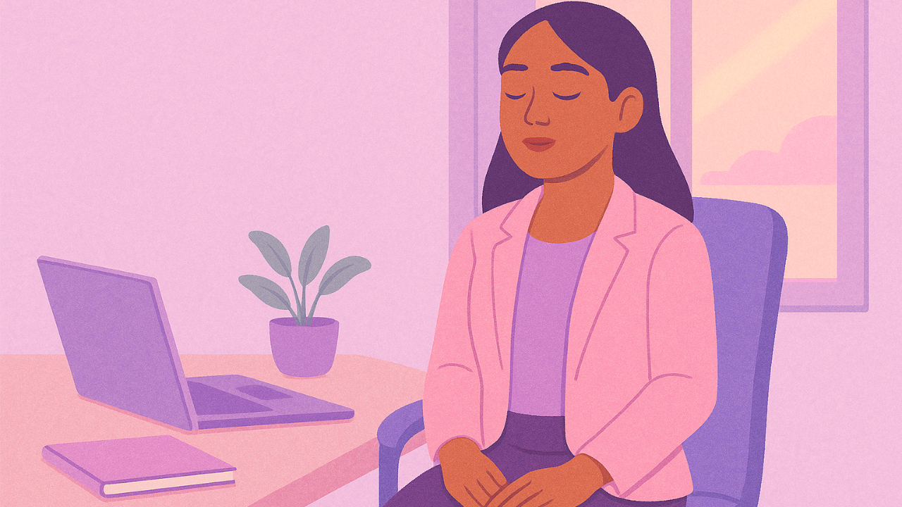 An illustrated woman of color sits calmly at her pastel-toned office desk, eyes closed, taking a mindful breath. She wears a soft pink blazer and lavender blouse, with a laptop, notebook, and potted plant beside her as warm light filters through the window, creating a peaceful, grounded atmosphere.