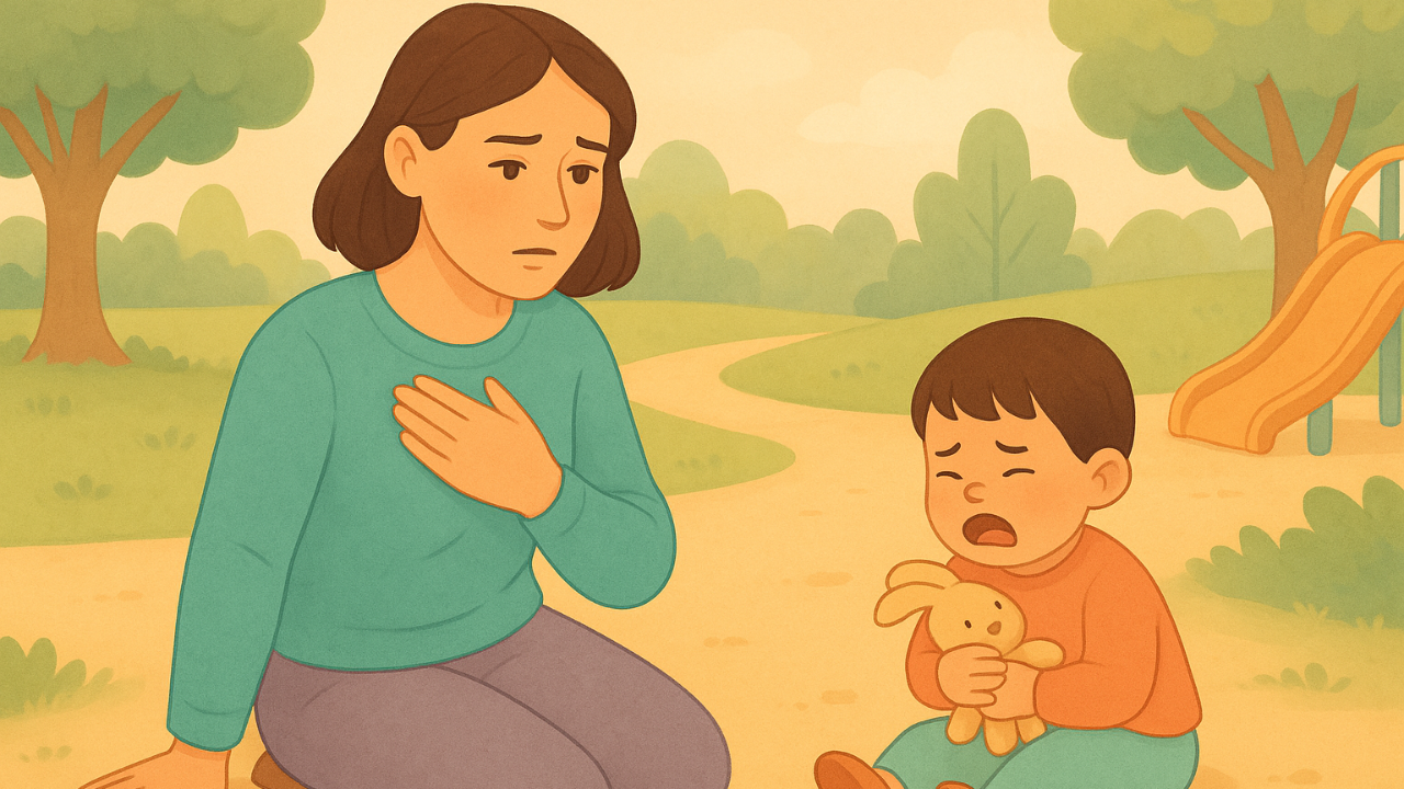 A mother kneels beside her crying toddler in a park, one hand on her chest and another on the ground as she takes a calm, steady breath while watching her child with gentle concern. The child clutches a stuffed bunny, sitting on the path near a slide and trees, as the mother offers a grounded, reassuring presence.