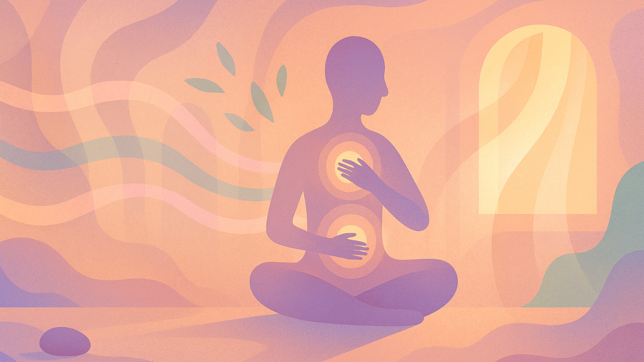 A soft, pastel illustration of a seated human silhouette with glowing circles at the chest and belly, surrounded by flowing abstract shapes and warm, dreamy light, symbolizing gentle interoceptive awareness and inner calm.