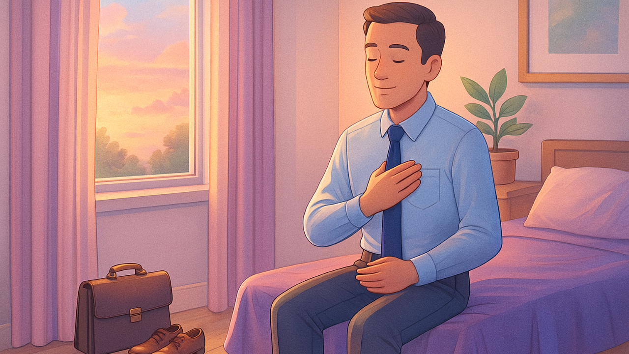 An illustrated person sits on the edge of their bed in soft morning light, one hand on their chest and one on their belly, grounding gently before a workday.