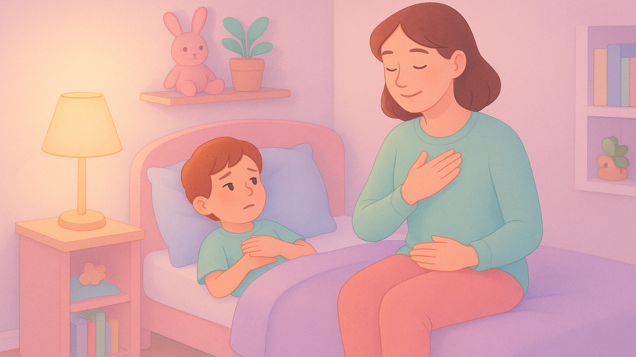 Parent and anxious child sharing a gentle hand-on-chest grounding moment in a softly lit bedroom at bedtime.