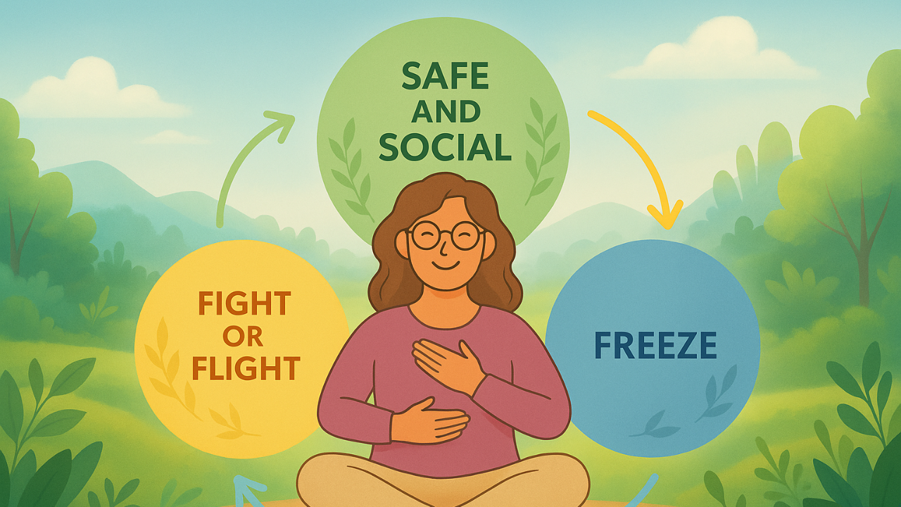 Illustrated woman with long hair and glasses sitting cross-legged in nature, surrounded by three colored circles labeled “Safe and Social,” “Fight or Flight,” and “Freeze,” representing the Polyvagal Theory states in a calm, nature-inspired setting.