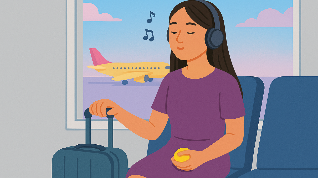 Illustrated Asian woman sitting calmly in an airport waiting area, wearing headphones and a purple dress, holding a bright yellow stress ball on her lap while resting her other hand on a suitcase. Musical notes float near her closed mouth to show gentle humming, and a yellow airplane is visible outside the window under a soft blue and pink sunset sky.