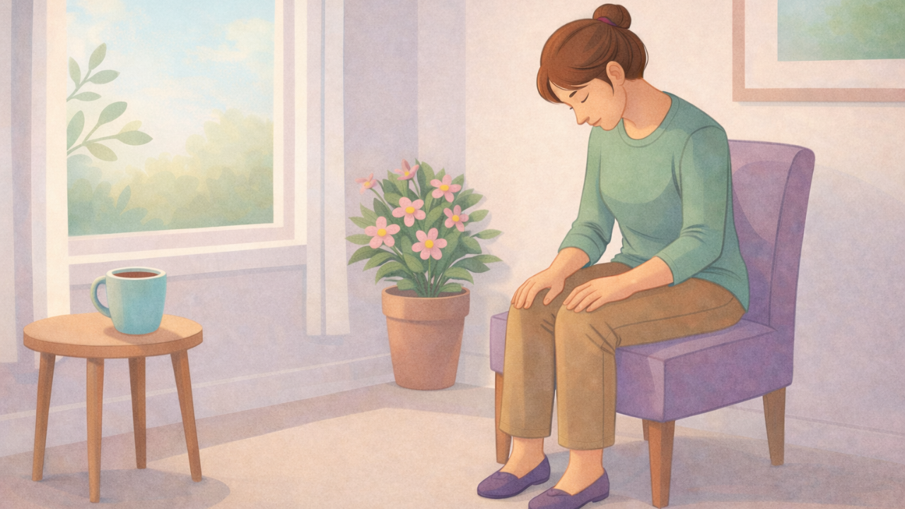 A woman sits on a chair in a softly lit room, looking down toward her feet while a flowering indoor plant rests in the corner near a window and a mug on a side table.