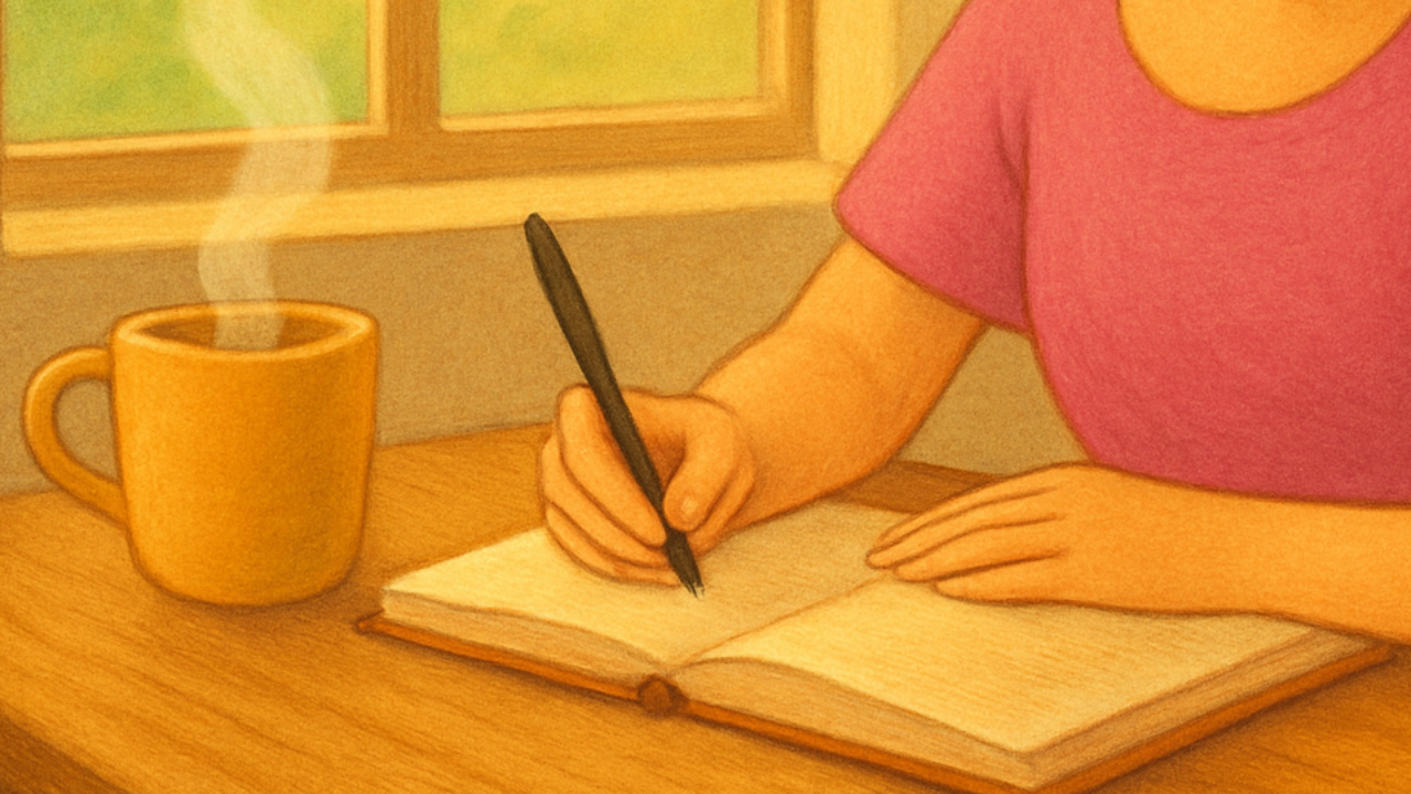 An illustrated person writes calmly in a journal at a wooden desk beside a steaming mug, with soft sunlight streaming through the window, creating a peaceful morning scene.