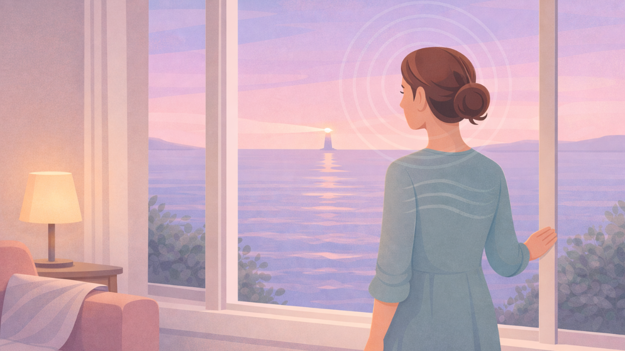 An illustrated person standing by a window at dusk, calmly looking out at the ocean while a distant soft beam of light suggests safety and settling.