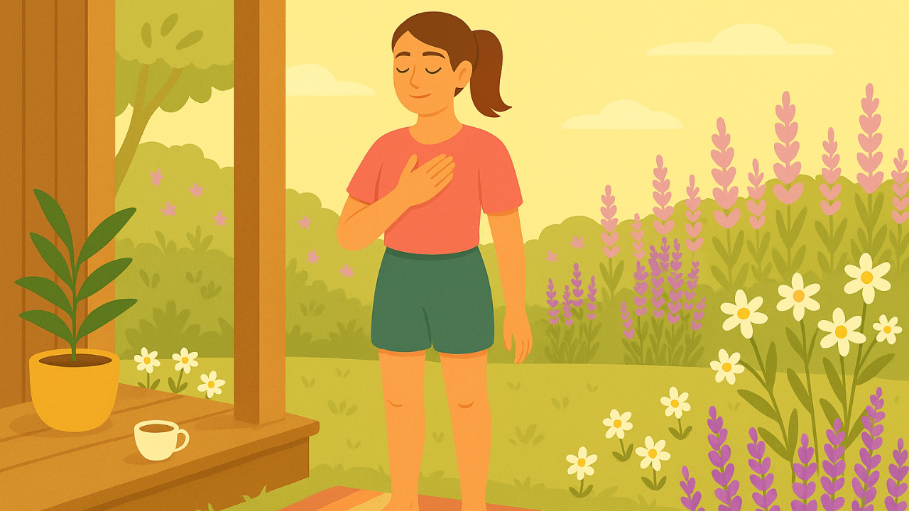 A calm illustrated woman stands barefoot on a sunlit porch, one hand on her heart, eyes closed, surrounded by lavender and white flowers, soft greenery, and warm morning light.