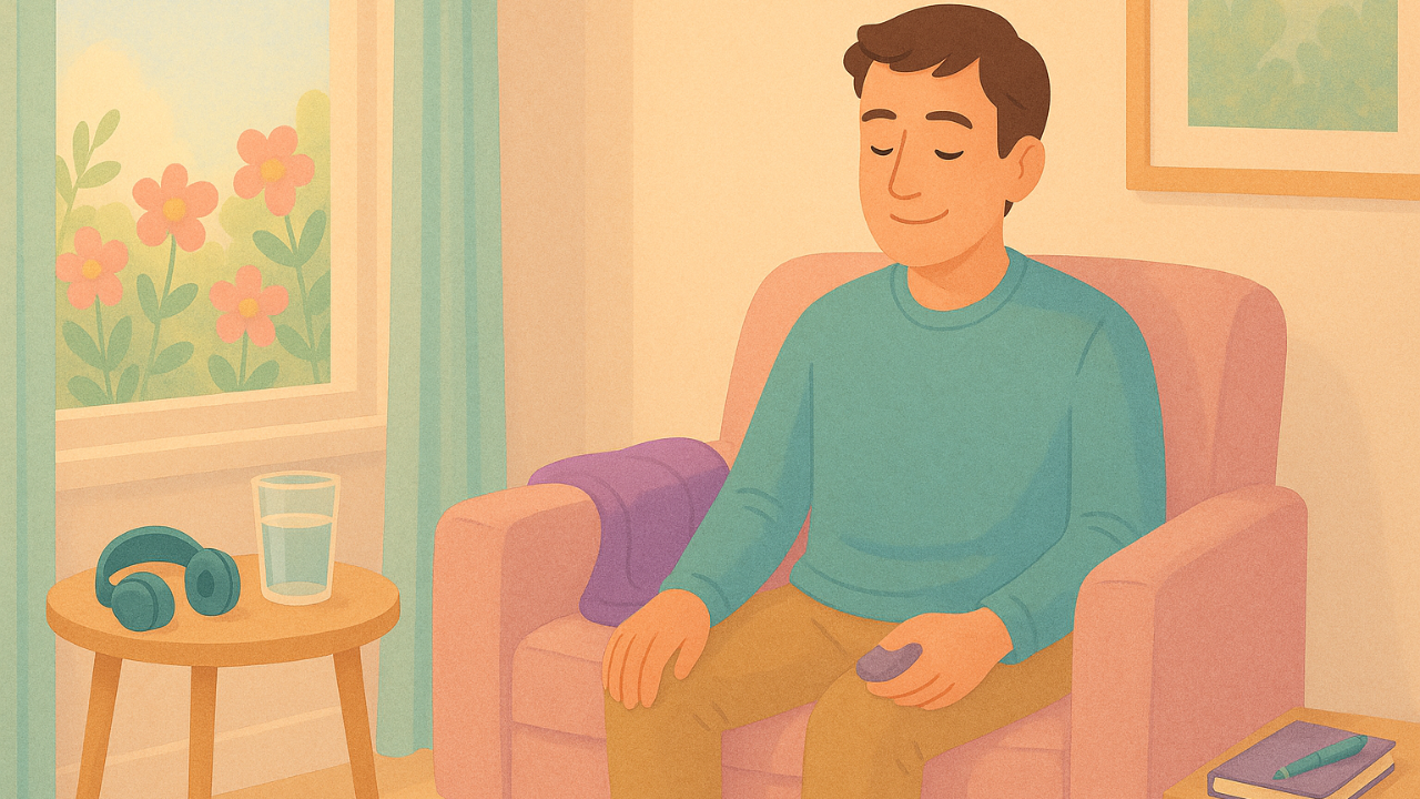 A person sits calmly in a pastel-colored living room on a pink armchair, holding a small stone in one hand with a soft smile. A purple blanket rests on the chair, flowers are visible outside the window, and a journal with a pen sits on a small side shelf.