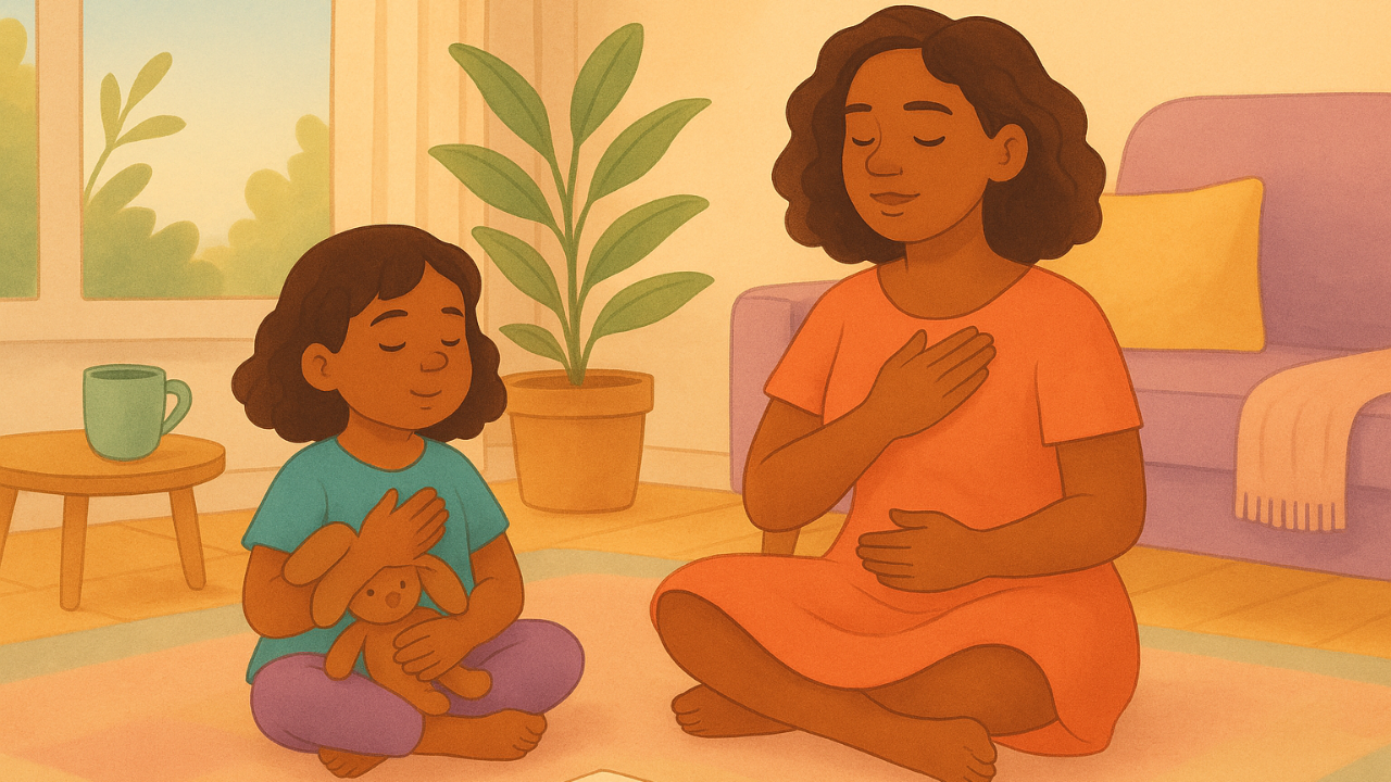 Mother and daughter sitting on a living room rug with hands on chest and belly, practicing a calm nervous system check-in beside simple “body weather” cards and a stuffed toy.