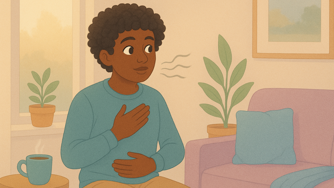 A person sits on a couch orienting their gaze and softly humming, hand on chest, in a pastel living room with warm, calming colors.