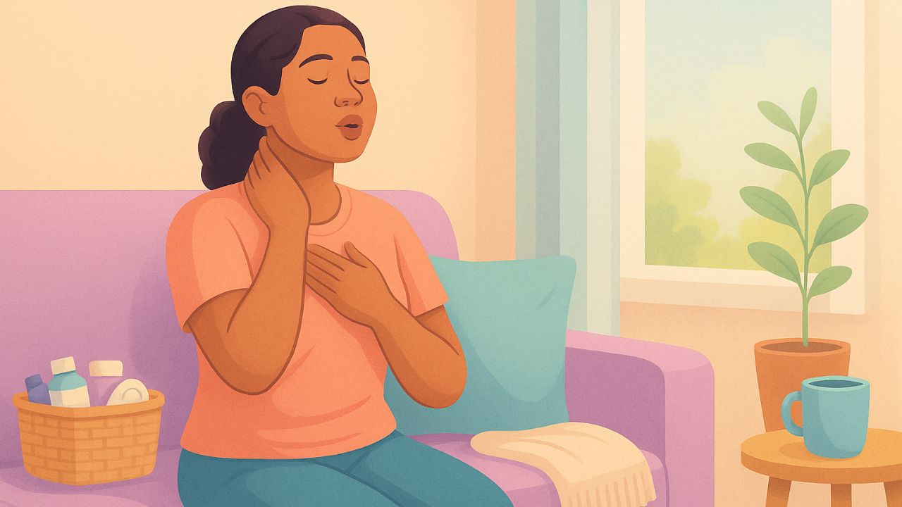 A woman of color sits slightly right of center on a lavender sofa, gently exhaling with her eyes closed. One hand rests on her chest and the other on her abdomen while she lightly massages her neck. Soft afternoon light fills the room, with a mug, plant, cozy throw, and a small caregiver supply basket nearby. The palette is warm, pastel, and calming.