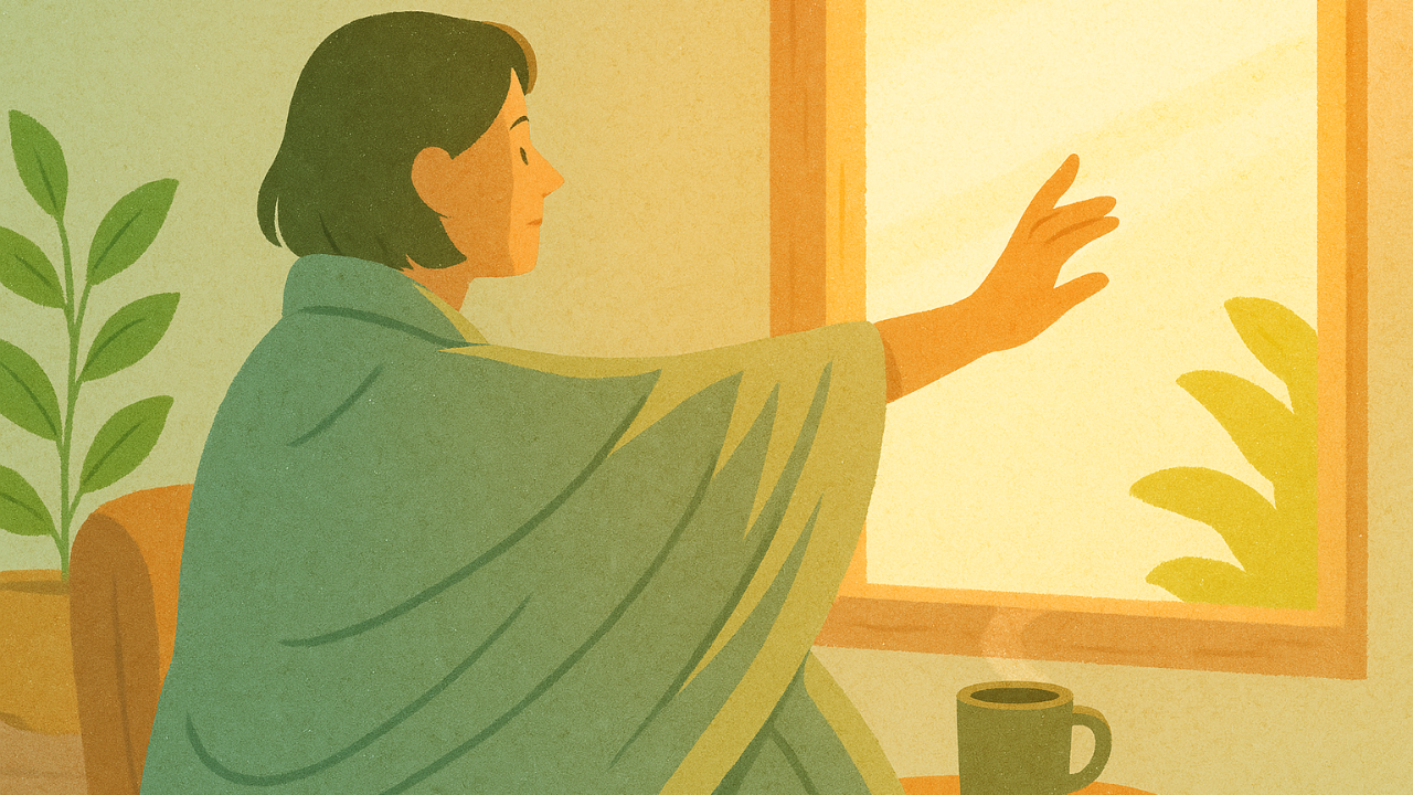 Illustrated person slowly reaching toward sunlight while wrapped in a blanket, symbolizing gentle recovery from shutdown and burnout.