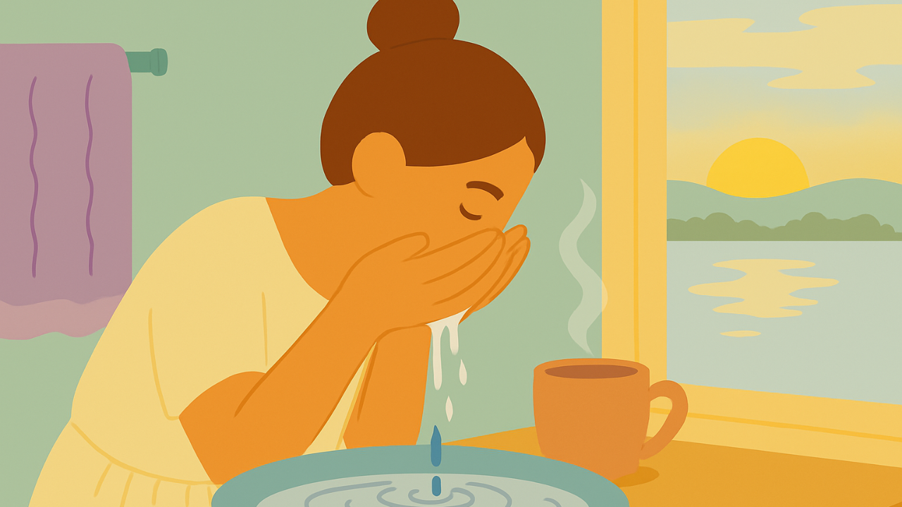 Illustrated person splashing cool water on their face in soft morning light, symbolizing gentle cold exposure for trauma recovery.