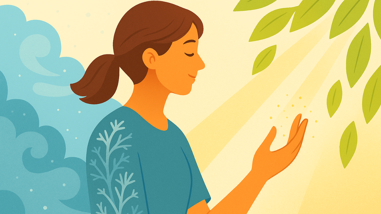 An illustrated woman stands in profile, transitioning from a cool blue frosty background on the left to warm sunlight and green leaves on the right. She has her eyes closed and a peaceful smile as her hand reaches toward the light, symbolizing gentle thawing from stillness into warmth and safety.