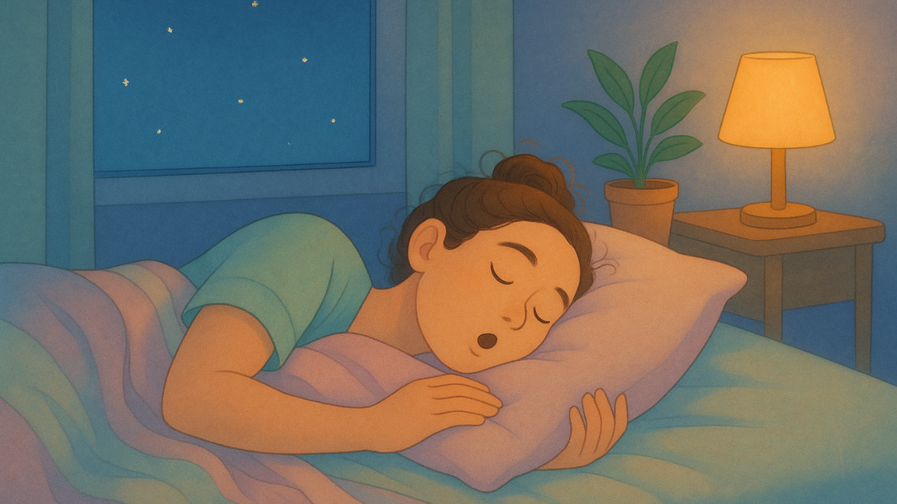 An illustrated woman lying on their side at night practicing tiny gentle exhales while hugging a pillow.
