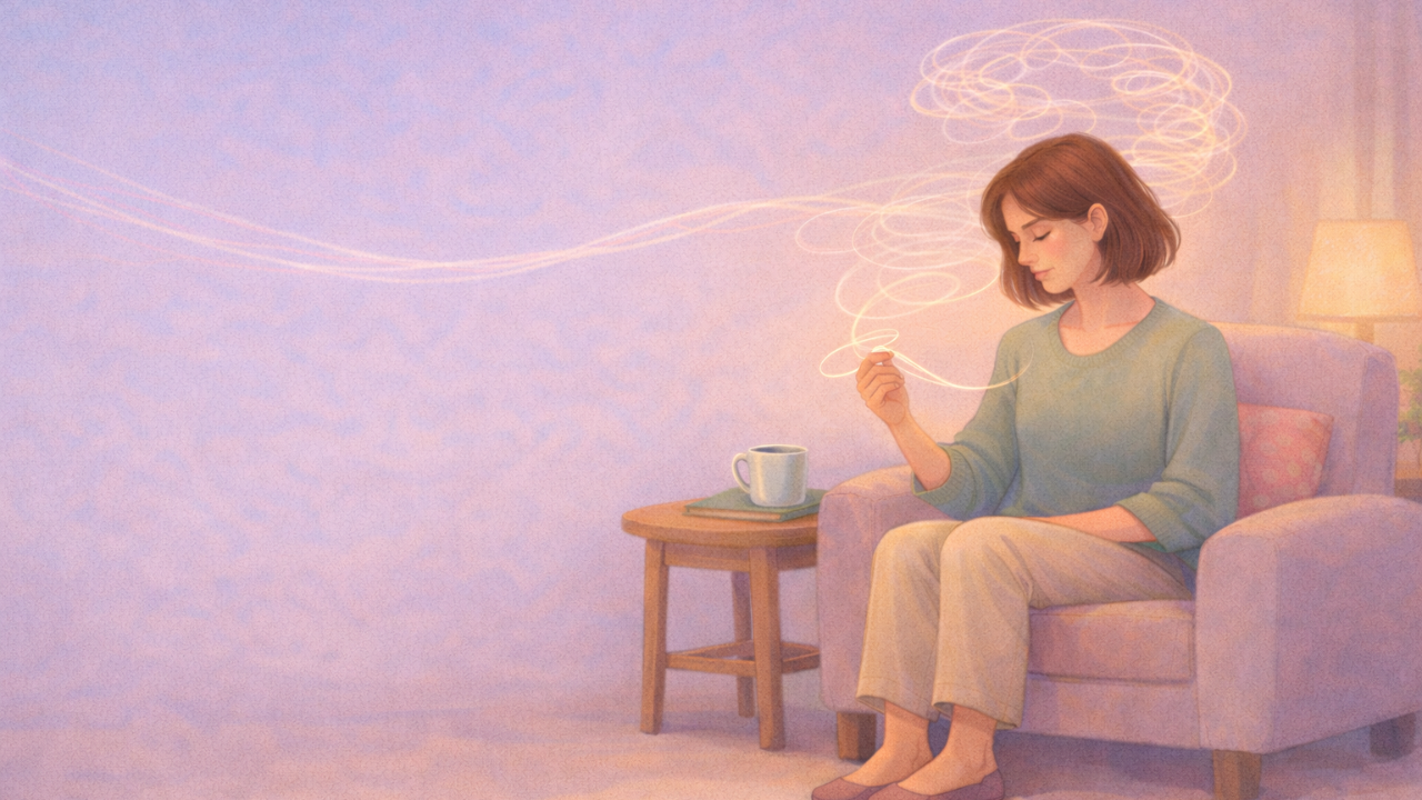 A person sits in a cozy chair with both feet on the floor, gently holding a thin glowing “thought thread” as small rumination spirals float above and soften into calm space.