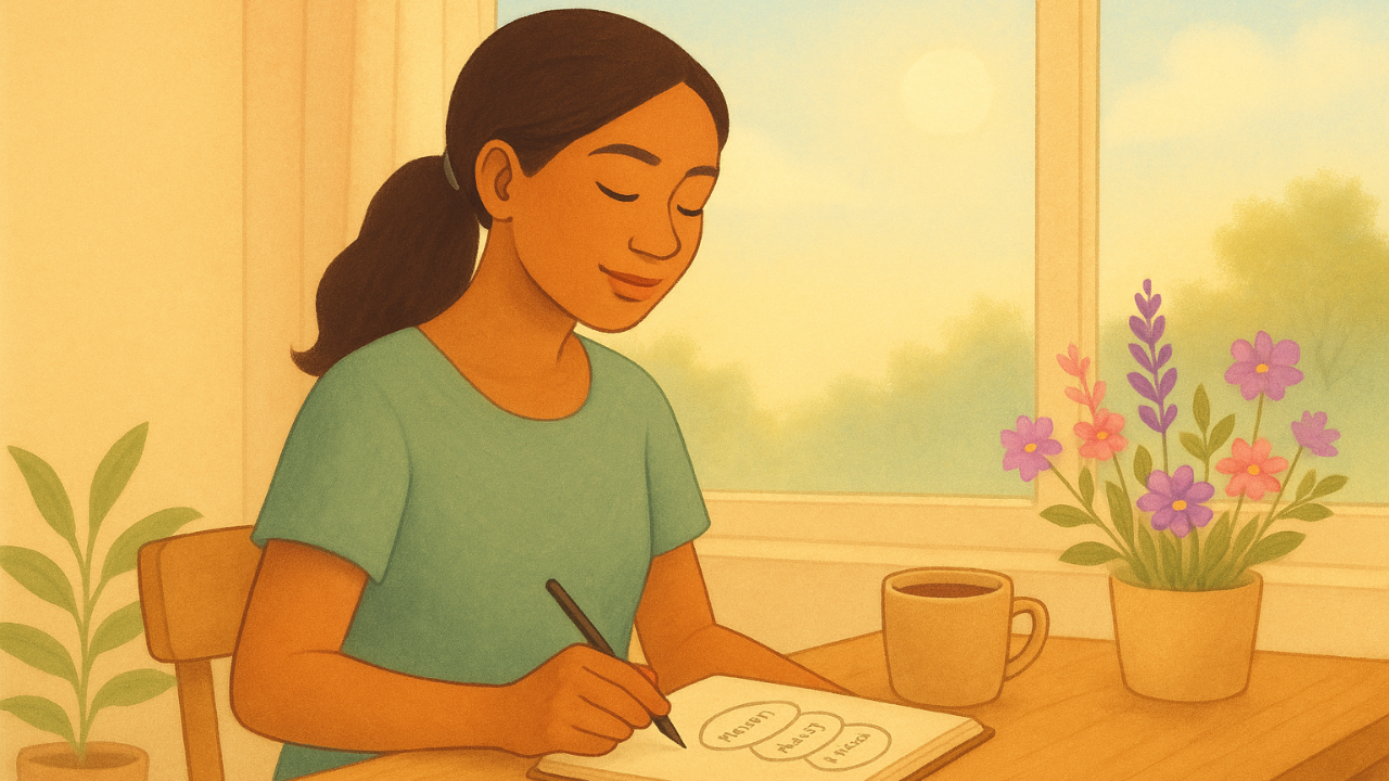 A calm young Black woman with a ponytail journals at a wooden table beside a bright sunlit window, surrounded by soft morning light and a few pastel pink and purple flowers.