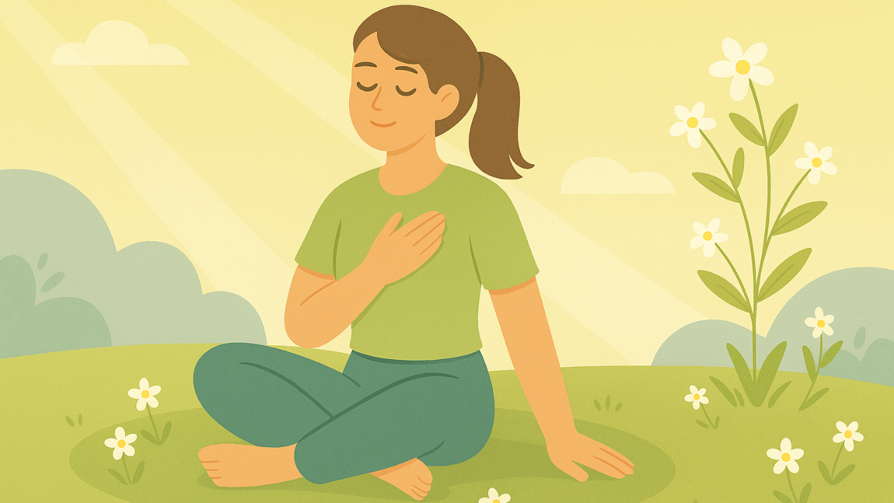 Illustrated woman with a ponytail sitting cross-legged on grass, one hand on her heart and the other on the ground, surrounded by blooming wildflowers under warm sunlight, symbolizing outdoor grounding and calm connection with nature.