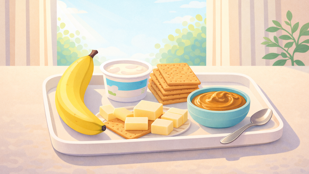 A simple snack tray with banana, yogurt, crackers, cheese, and nut butter in soft morning light.