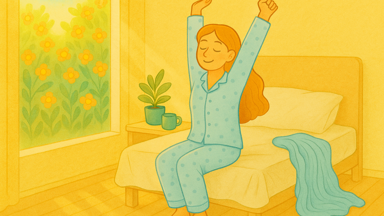 Illustrated woman in her pajamas sitting on the edge of her bed in warm morning light, stretching both arms overhead with a calm smile. Sunlight streams through a window filled with blooming flowers, while a bedside table with a mug and plant completes the cozy, serene bedroom scene.